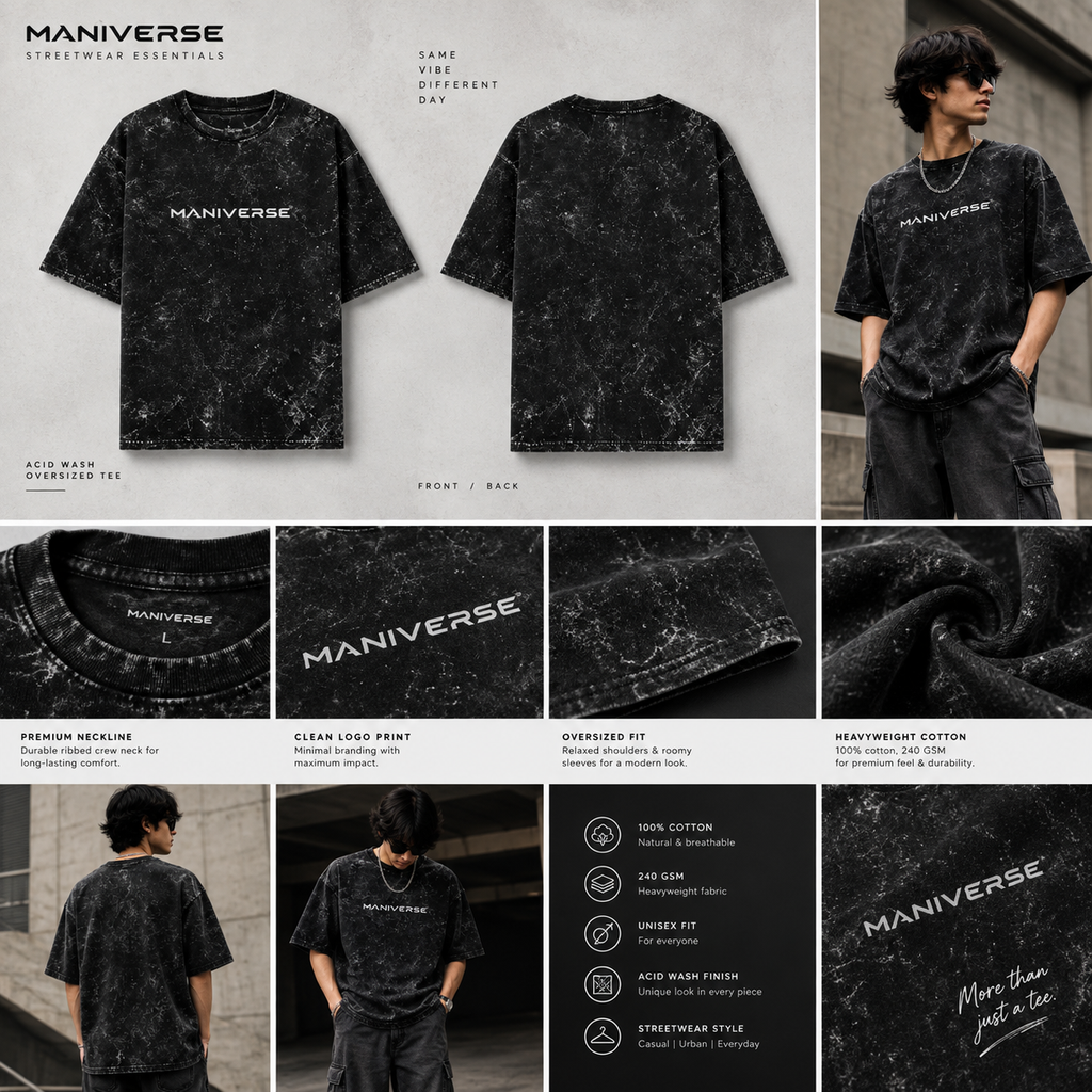 ManiVerse Acid Wash Oversized T-Shirt – Heavyweight 240 GSM Streetwear Tee