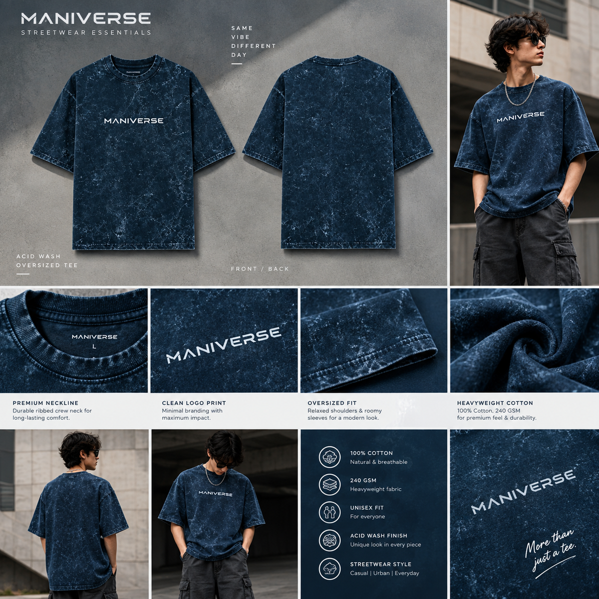ManiVerse Acid Wash Oversized T-Shirt – Heavyweight 240 GSM Streetwear Tee