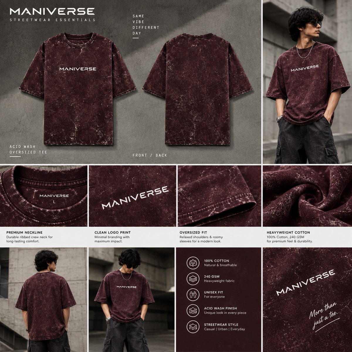 ManiVerse Acid Wash Oversized T-Shirt – Heavyweight 240 GSM Streetwear Tee