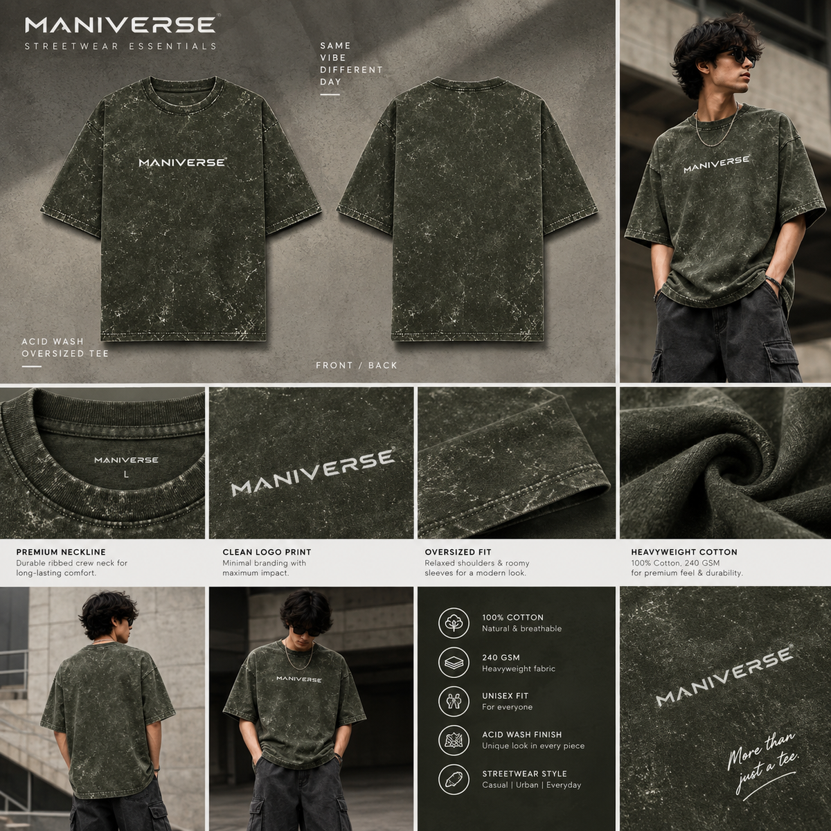 ManiVerse Acid Wash Oversized T-Shirt – Heavyweight 240 GSM Streetwear Tee